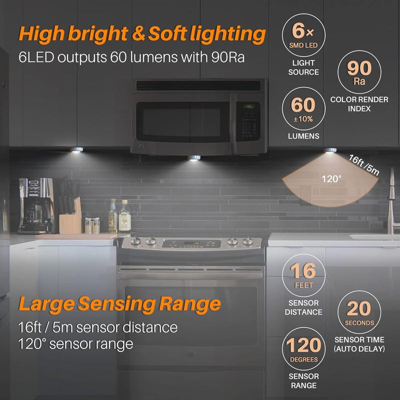 STAR-SPANGLED 6 Pack 2.8” Motion Sensor Lights Indoor AAA Battery Operated, Stick on LED Puck Light for Stairs, Under Cabinet, Closet, Cool White - Image 2